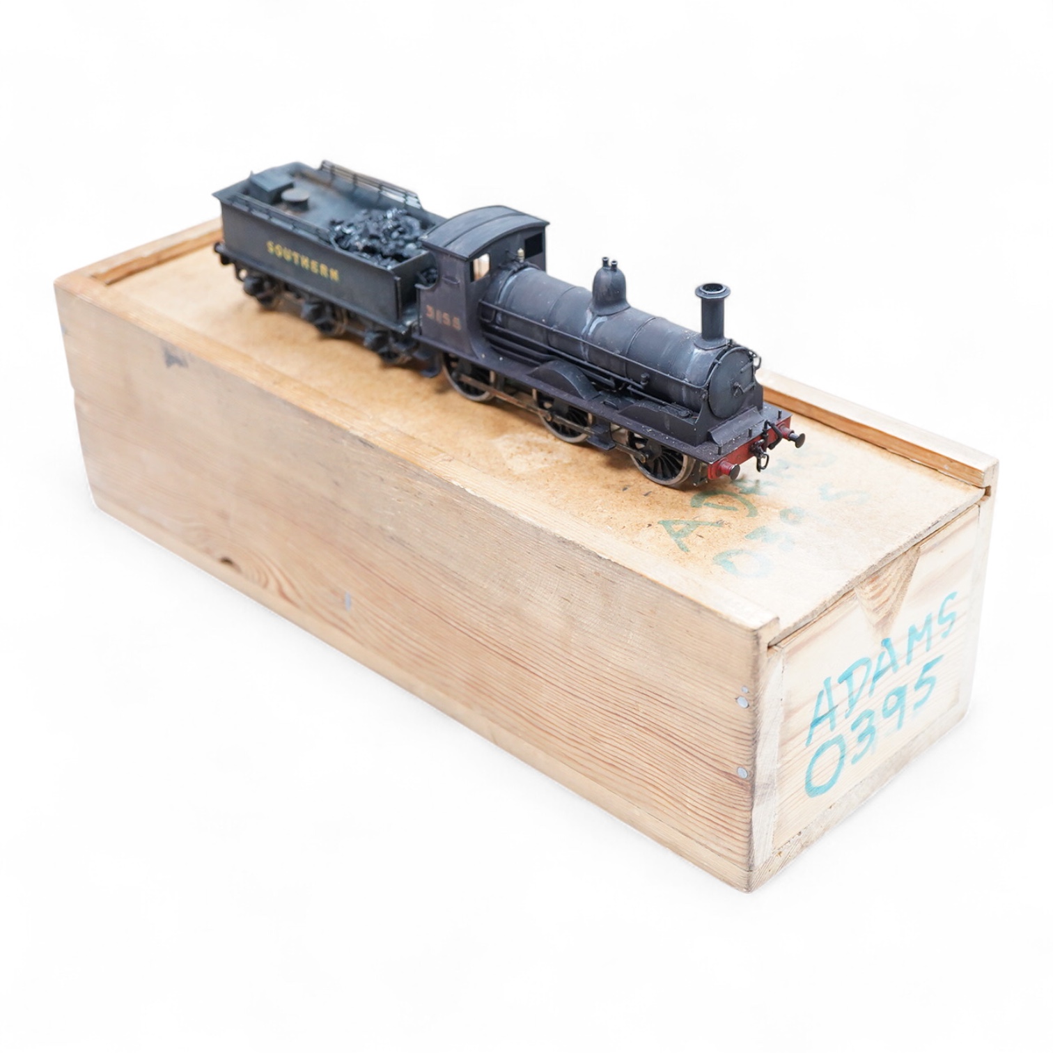 An EM gauge scratch built model railway locomotive by John Worsley, a Southern Railway Adams Class 415 0-6-0, 3155, a detailed model with opening smoke box door showing the details of the blast pipe and boiler tube ends,
